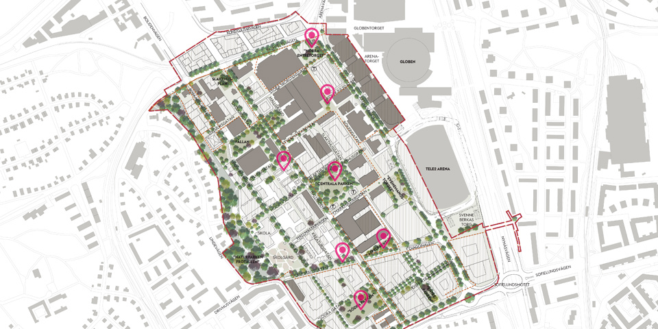Karta över placering av kommande permanent konst i Slakthusområdet. 